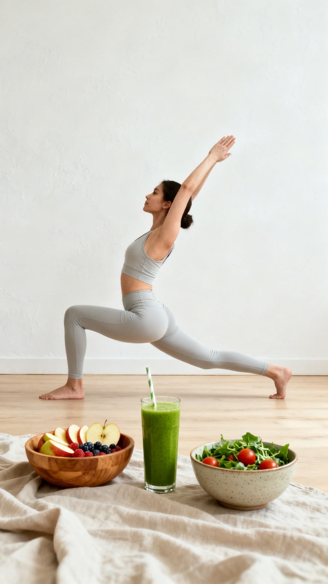 Yoga lunge beside a healthy breakfast